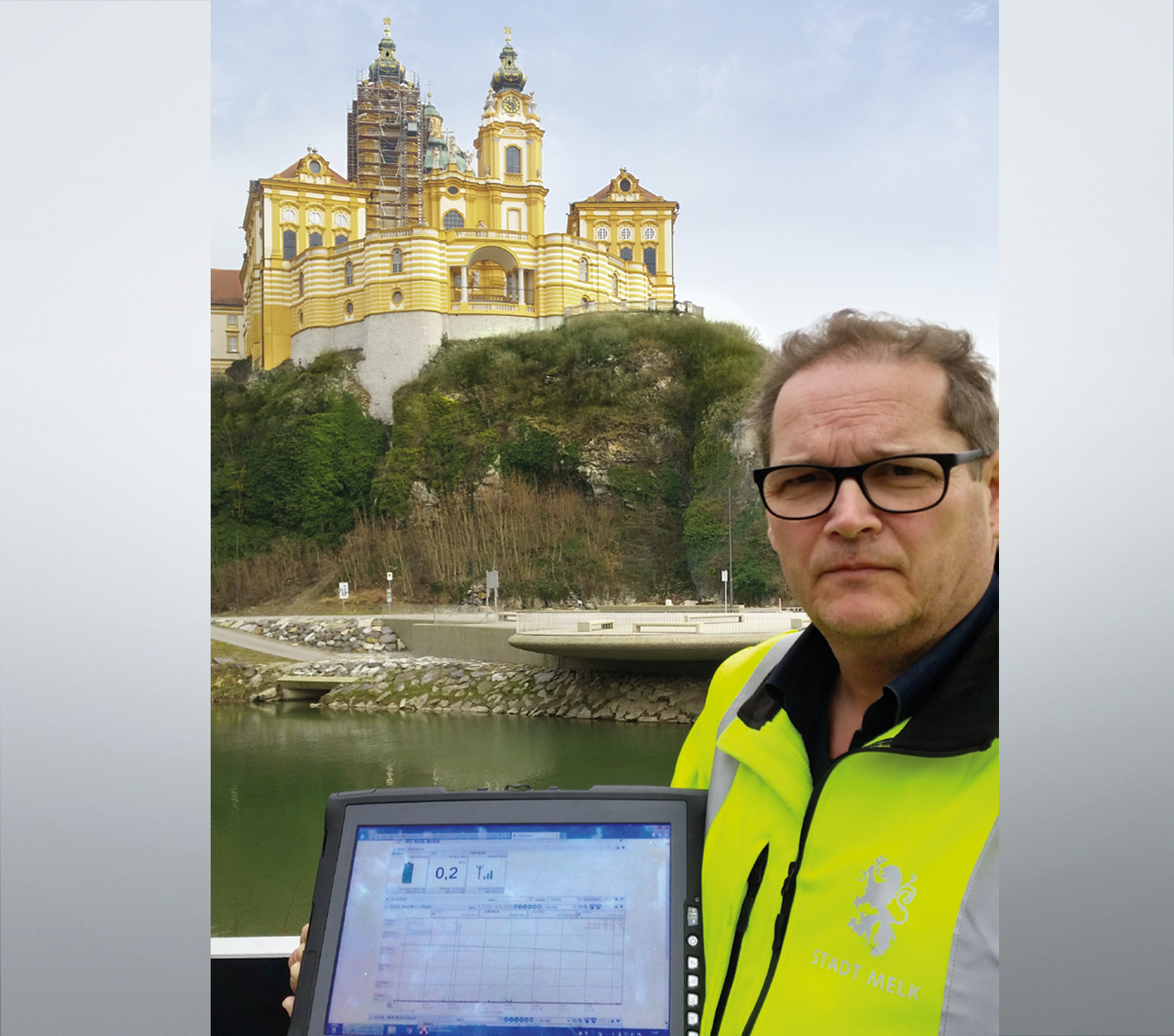 Treatment plant employee Marius Probst in front of Melk Abbey