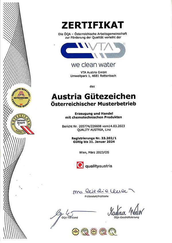 Zertifikat VTA Österreichischer Musterbetrieb