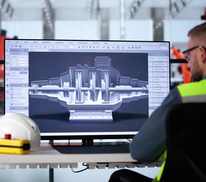 Ingenieur am Computer mit 3D-Modell, Baustelle im Hintergrund