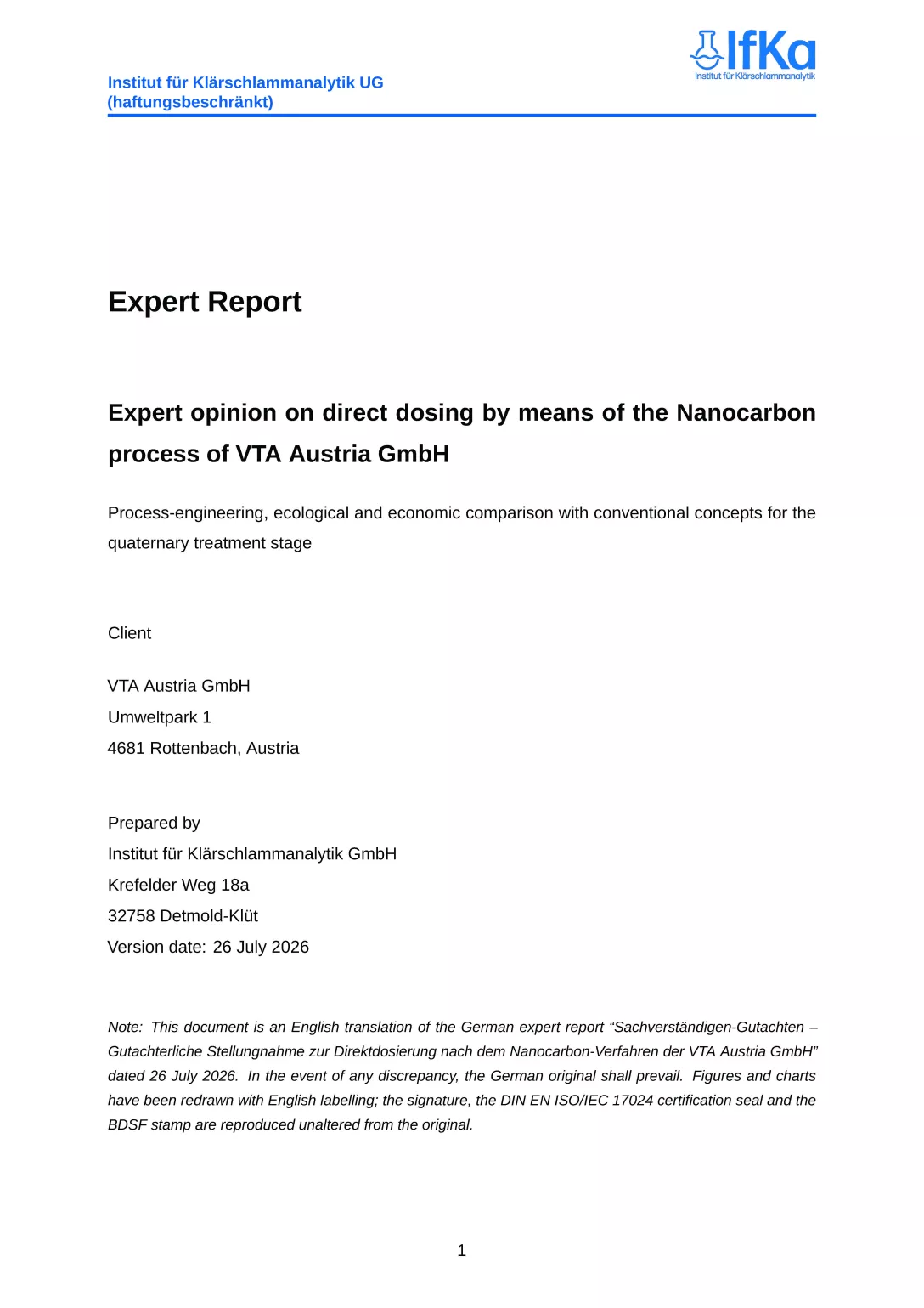 Cover of the expert report on the VTA Nanocarbon process, issued by the Institute for Sewage Sludge Analysis, July 2026